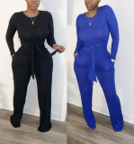 EVE Solid Rib Long Sleeve Two Piece Pants Set WSM-5185