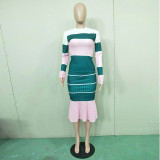 EVE Stripe Patchwork Long Sleeve Midi Skirt 2 Piece Sets BN-9116