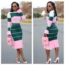 EVE Stripe Patchwork Long Sleeve Midi Skirt 2 Piece Sets BN-9116