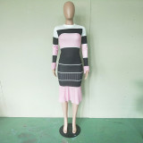 EVE Stripe Patchwork Long Sleeve Midi Skirt 2 Piece Sets BN-9116