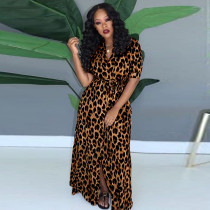 Leopard Print Half Sleeve Maxi Dress TE-4048