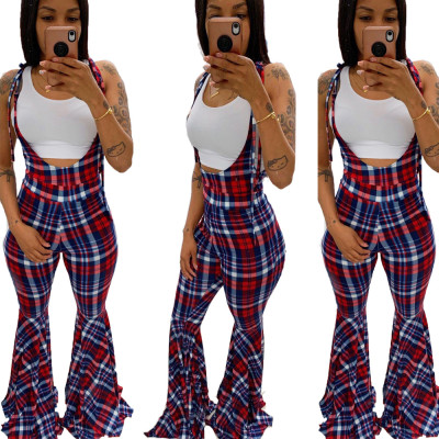 EVE Plaid Print Strappy Flared Jumpsuits BN-9198