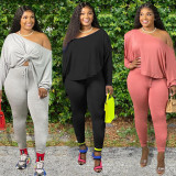 EVE Plus Size Solid Long Sleeve Two Piece Pants Set WAF-7050