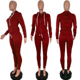 EVE Solid Hooded Zipper Long Sleeve 2 Piece Pants Set DAI-8075