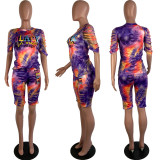 EVE Plus Size Fashion Casual Tie-dye Letter Print Two Piece Set With Mask LUO-3098