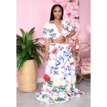 EVE Sexy Sweet Print Short Sleeve Top And Long Skirt Two Piece Set SFY-159