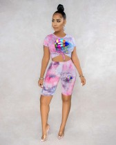 EVE Tie Dye Lip Print Slim Fit T-Shirt Short Two Piece Set MUL-116