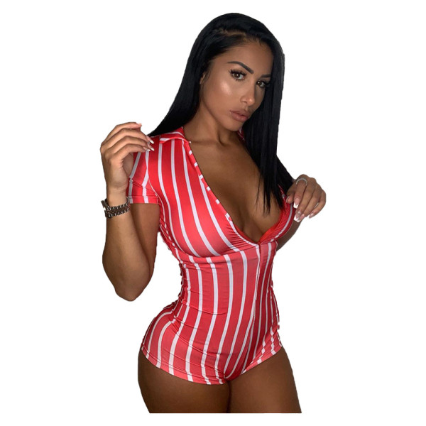 EVE Sexy Striped Deep V Neck Short Sleeve Rompers JCF-7008