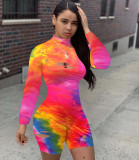 Stand Neck Long Sleeve Cut Out Hole Tie Dye Bodycon Romper MUL-131