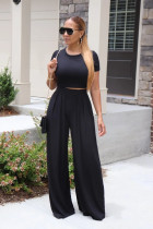 EVE Simple Sexy Solid Color T shirt And Wide Leg Pants Set MUL-135