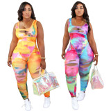 EVE Plus Size 4XL Sexy U Neck Tie Dye Print Ripped Hole Night Party Club Jumpsuit MUL-133
