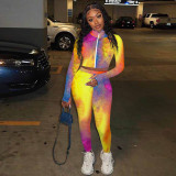 Tie Dye Long Sleeve Zipper Two Piece Pants Set TE-4095