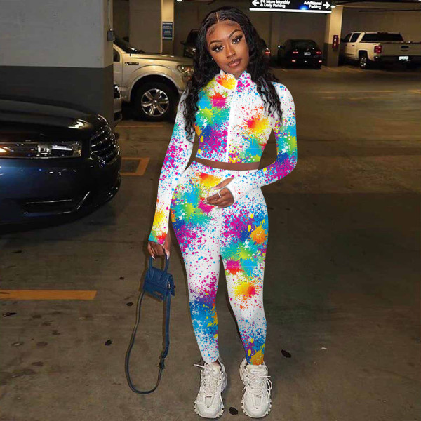 Tie Dye Long Sleeve Zipper Two Piece Pants Set TE-4095