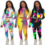 Tie Dye Long Sleeve Zipper Two Piece Pants Set TE-4095