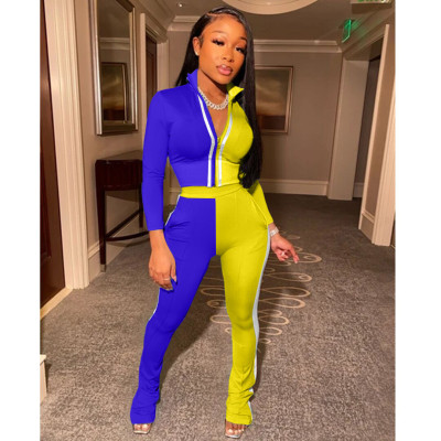 EVE Casual Color Block Spliced Tracksuit Long Sleeve Top And Pant Two Piece Set ARM-8223