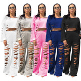 Casual Solid Color Ripped Hole Sweatshirts Pants Set TR-1065