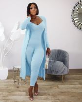 Casual Rib Long Sleeve Coat + Slim Fit jumpsuit Two Piece Set TR-1068
