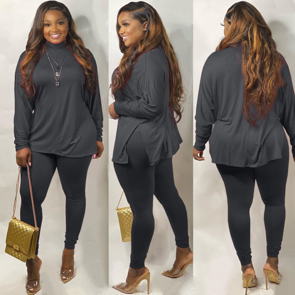 Plus Size Solid Long Sleeves Two Piece Pants Set WAF-7071