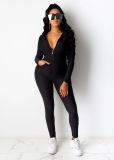 EVE Solid Hooded Zipper Long Sleeves 2 Piece Pants Set XMY-9261
