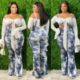 EVE Plus Size Casual Printed Strap Long Flared Jumpsuits MX-6015