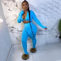 EVE Solid Deep V Long Sleeve Tight 2 Piece Pants Set AL-208