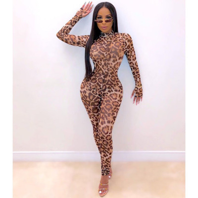 EVE Sexy Leopard Mesh See Through Skinny Jumpsuit DMF-8088
