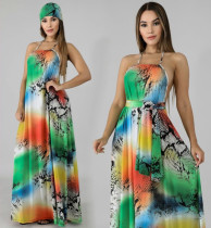 Sexy Printed Halter Backless Maxi With Headscarf DMF-8085