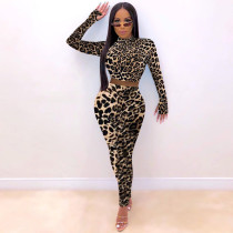 EVE Sexy Leopard Print Long Sleeve Cropped Top And Pants Two Piece Sets DMF-8144