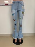 EVE Classic Butterfly Print Tassel Ripped Hole Slim Jeans LSD-8759