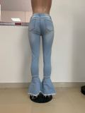 EVE Classic Butterfly Print Tassel Ripped Hole Slim Jeans LSD-8759