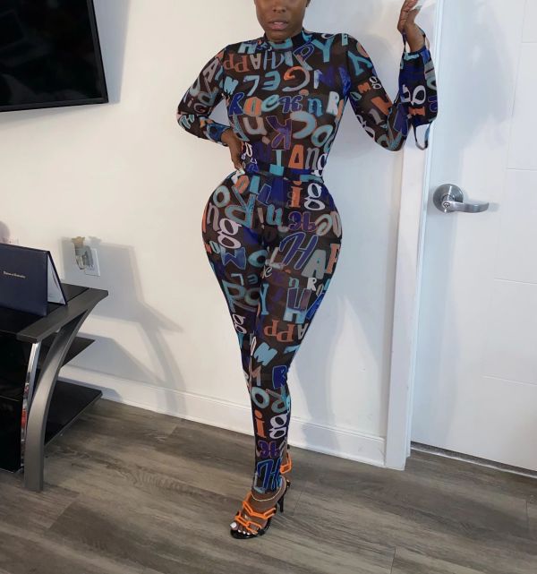 EVE Letter Print Long Sleeve One Piece Jumpsuits MN-9268