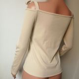 EVE Solid Knitted Slash Neck Strappy Long Sleeve Tops HMS-5367