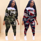 EVE Pink Letter Print Camo Hooded Two Piece Sets TK-6062