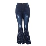 EVE Denim Pearls Beading Ripped Hole Flared Jeans HSF-2228