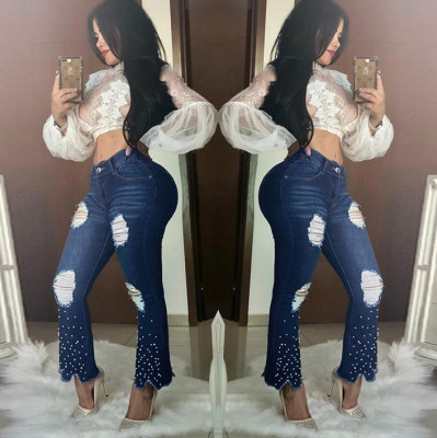 EVE Denim Pearls Beading Ripped Hole Flared Jeans HSF-2228