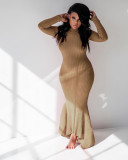 EVE Solid Color Rib Sexy Long Sleeve Maxi Dress MIL-067-1
