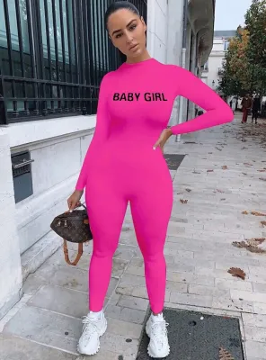 EVE Solid Color Casual Long Sleeve Letter Sporty Jumpsuit QZX-6162