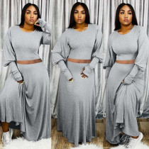 EVE Solid Long Sleeve Maxi Skirt Two Piece Sets QY-5211