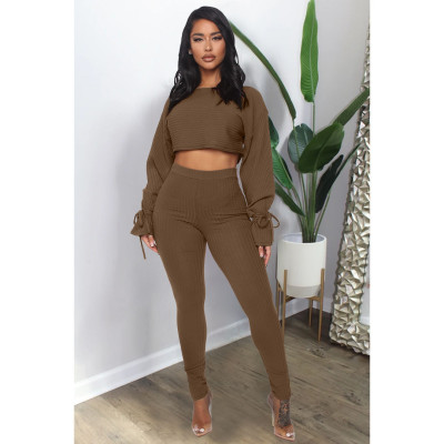 EVE Solid Rib Long Sleeve Two Piece Pants Set ASL-6300