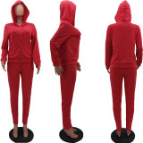 EVE Solid Hooded Zipper Two Piece Pants Sets HM-6345