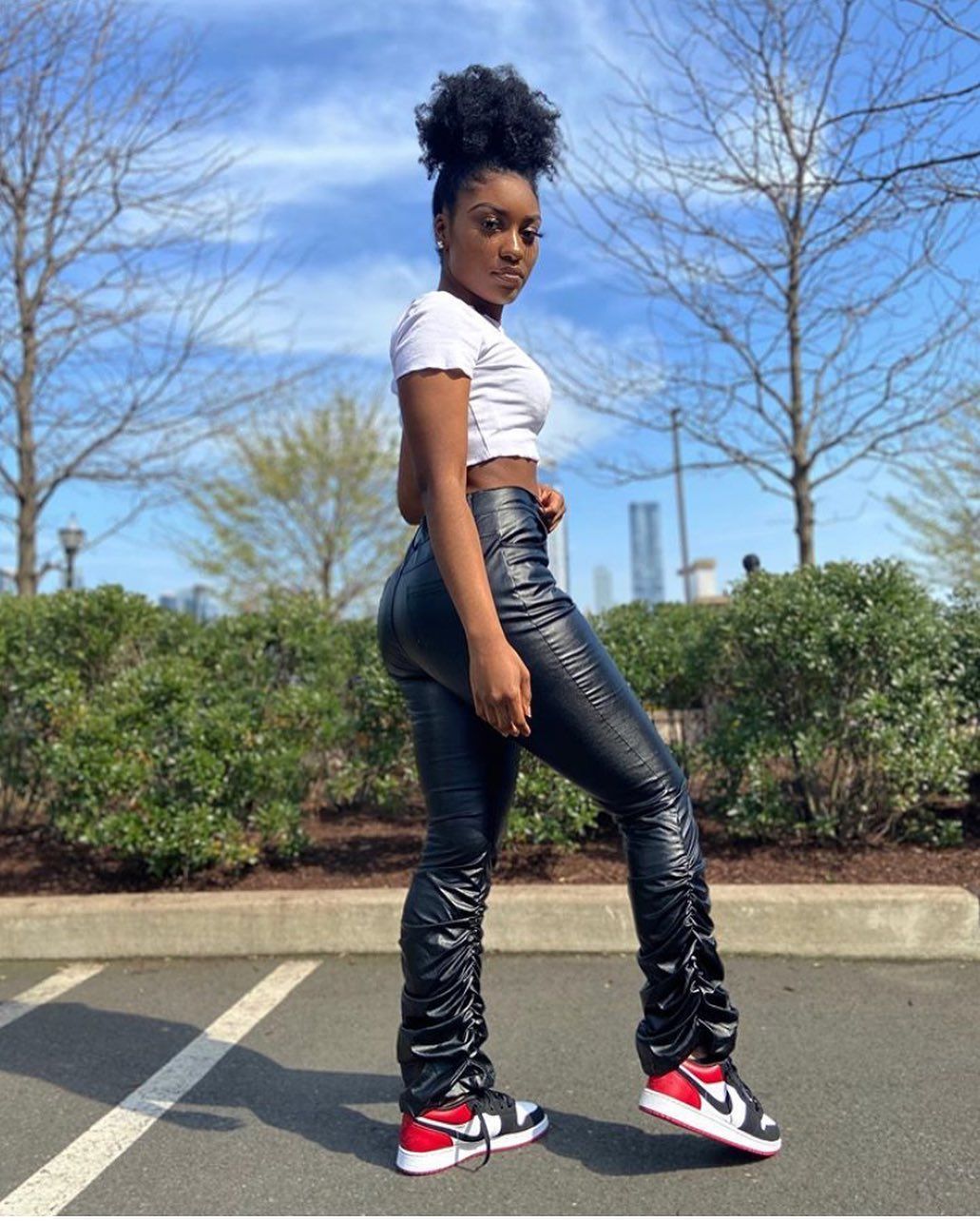 black stacked pants