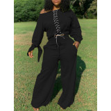 EVE Plus Size Lace Up Tops Wide Leg Pants 2 Piece Sets TK-6123