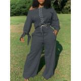 EVE Plus Size Lace Up Tops Wide Leg Pants 2 Piece Sets TK-6123