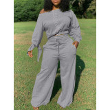 EVE Plus Size Lace Up Tops Wide Leg Pants 2 Piece Sets TK-6123