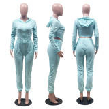 EVE Solid Hooded Zipper Long Sleeve 2 Piece Pants Set IV-8134