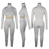 Sexy Solid Color Ribbed Turtleneck Top And Ruched Pants Two Piece Set TE-4125