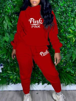 EVE Plus Size Pink Letter Print Casual Two Piece Pants Set LP-6252