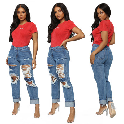 EVE Plus Size Fashion Casual Washed Straight Ripped Hole High Waisted Jeans LX-5115