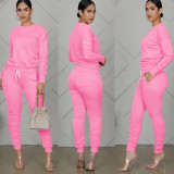 Solid Color Long Sleeve Top Ruched Pant Sports Two Piece Set TE-4073-1