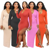 EVE Solid Ribbed Sexy High Split Maxi Dress HM-6349